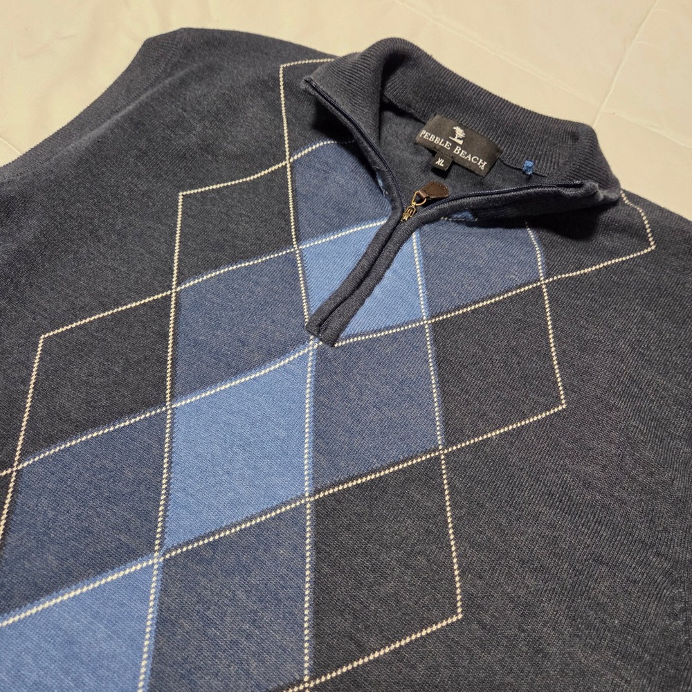 Pebble Beach Mens XL Argyle Quarter Zip Sweater Vest Navy Blue Cotton Blend